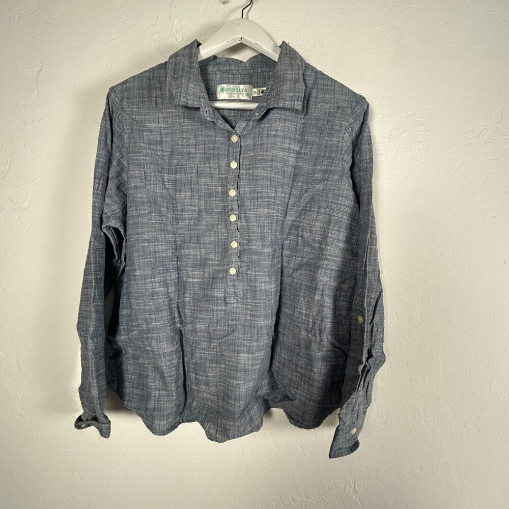 Aventura Womens Organic Cotton Long-Sleeve Button-Up Pullover Shirt Top XL Blue